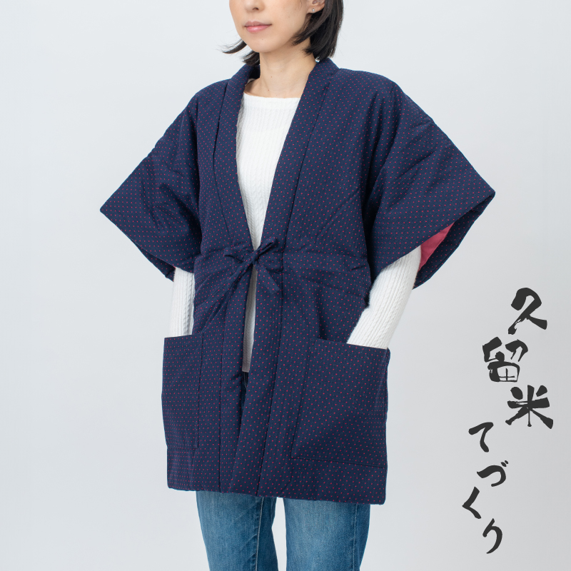久留米手作り奴袢天 ドット柄 #13100 M-Lサイズ 紺×赤