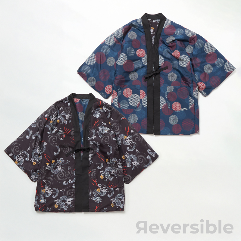 メンズ綿入れ袢天 リバーシブル 龍 ブラック