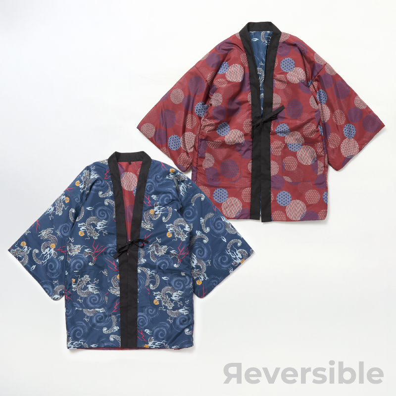 メンズ綿入れ袢天 リバーシブル 龍 ネイビー