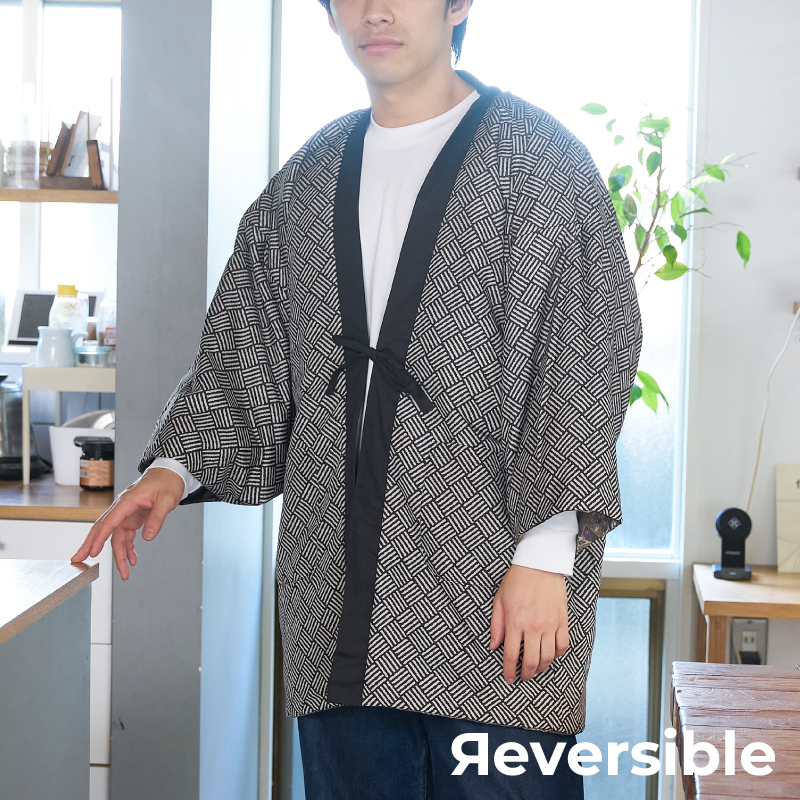 メンズ綿入れ袢天 リバーシブル 鷹 ブラック