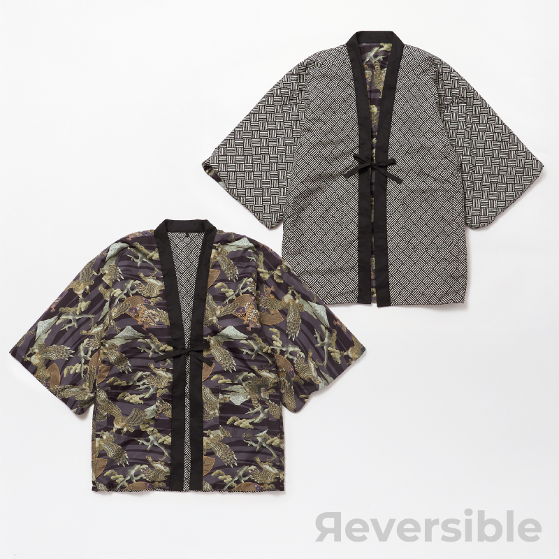 メンズ綿入れ袢天 リバーシブル 鷹 ブラック