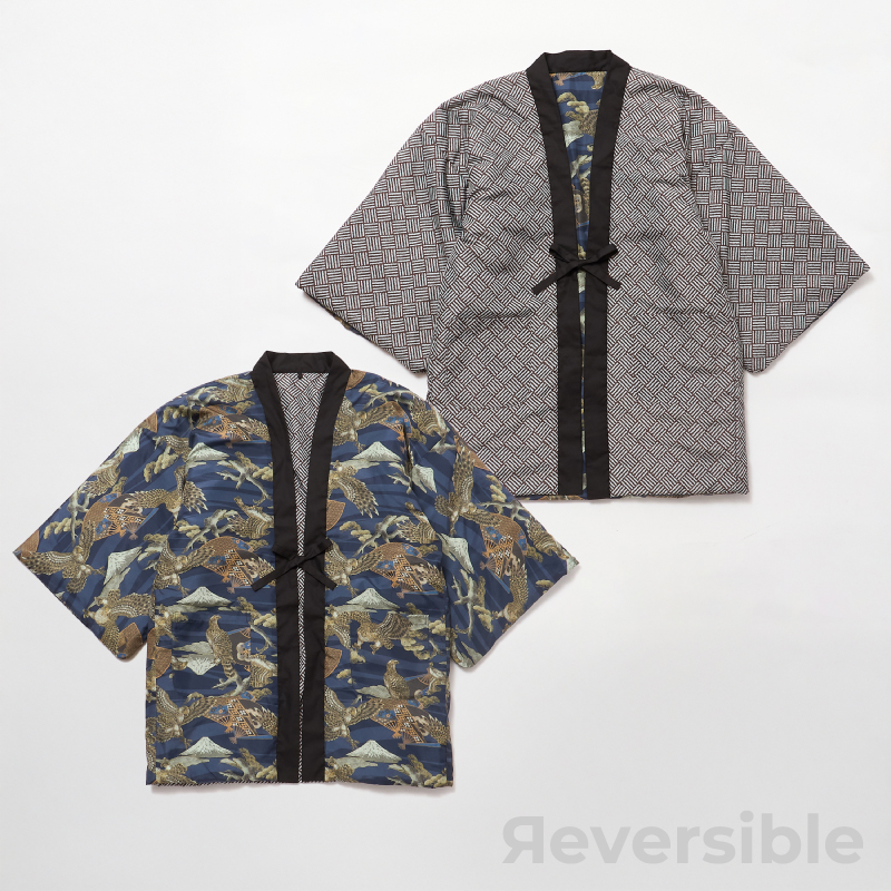 メンズ綿入れ袢天 リバーシブル 鷹 ネイビー