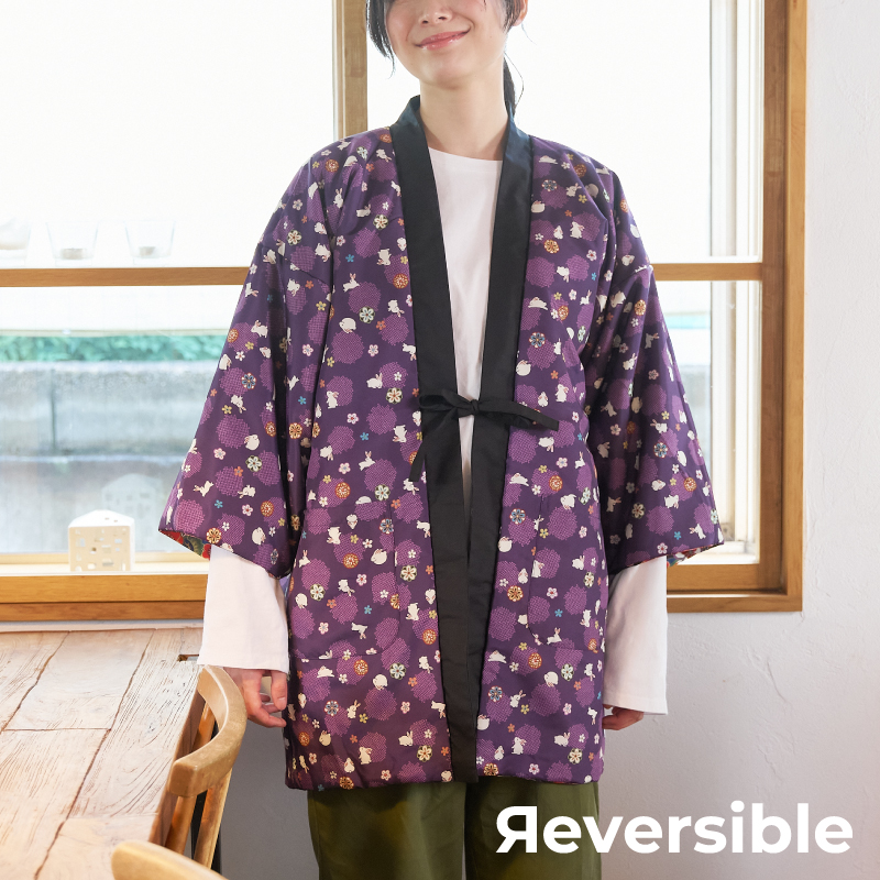 レディース綿入れ袢天 リバーシブル 手毬 ブラック