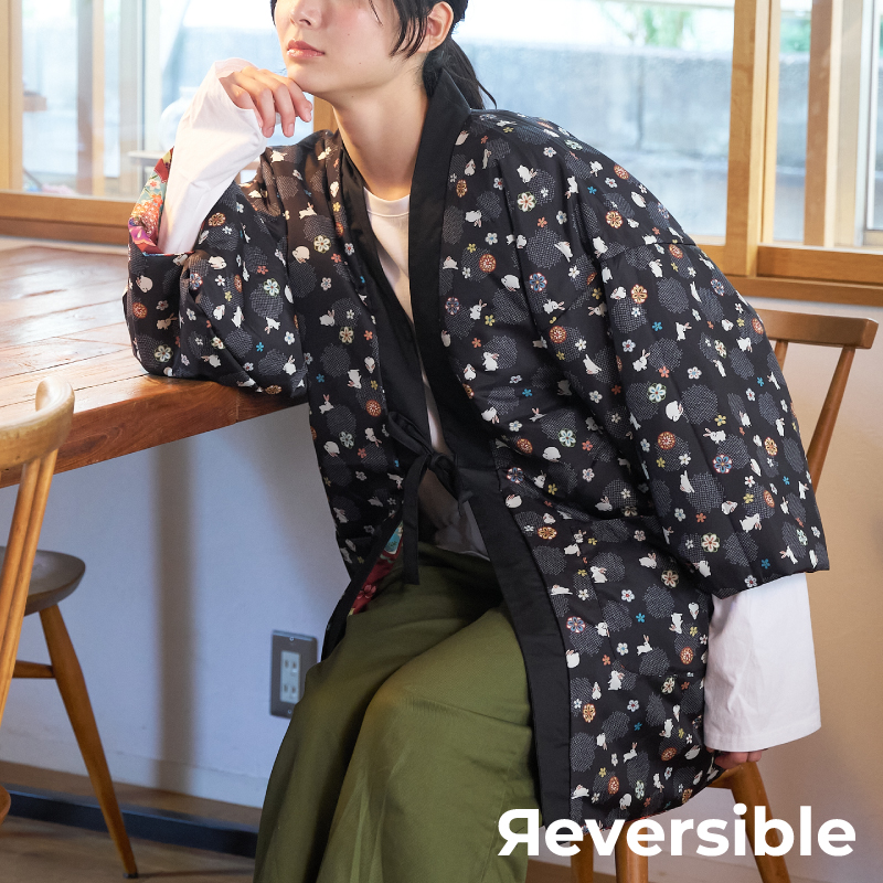 レディース綿入れ袢天 リバーシブル 手毬 エンジ