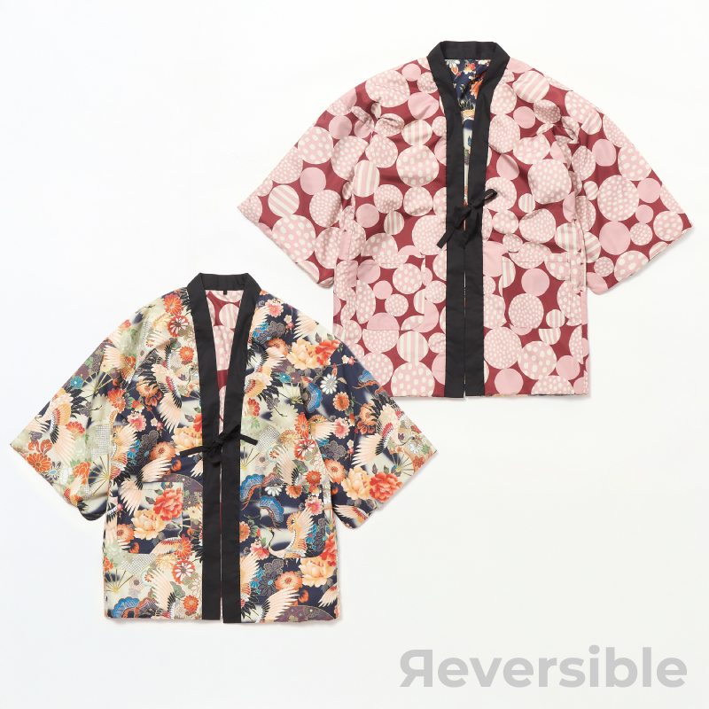 レディース綿入れ袢天 リバーシブル 鶴 ブラック