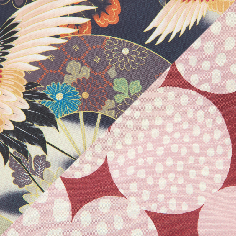 レディース綿入れ袢天 リバーシブル 鶴 ブラック