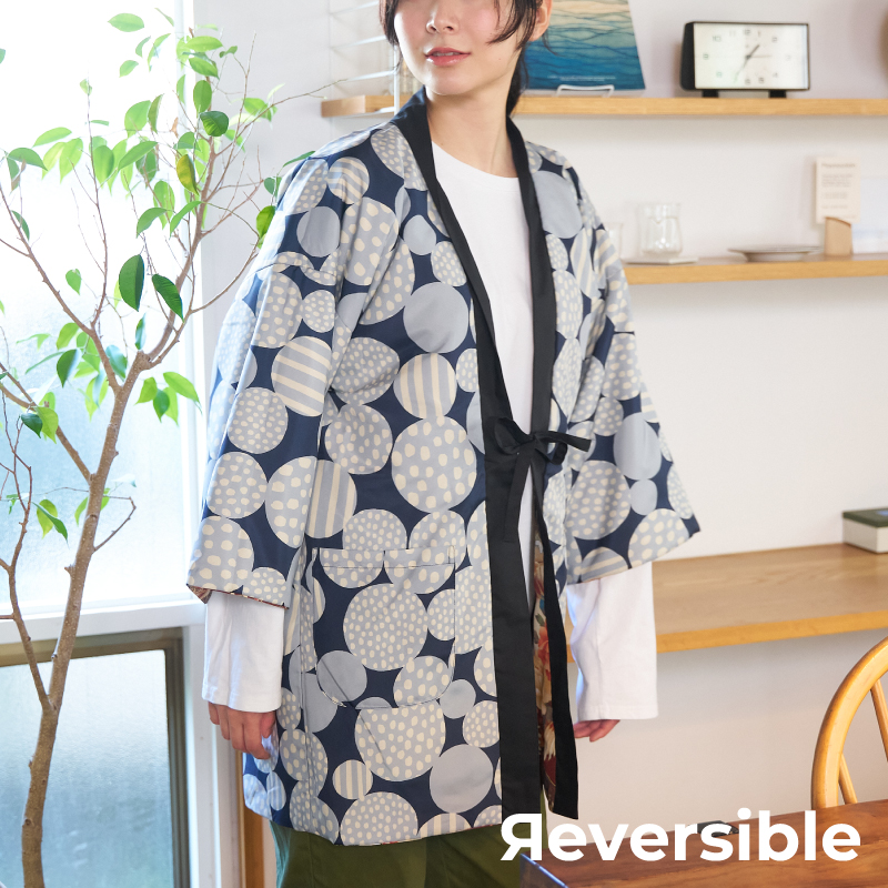 レディース綿入れ袢天 リバーシブル 鶴 エンジ