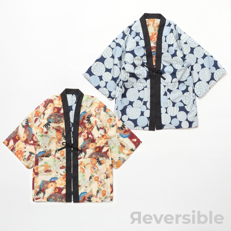 レディース綿入れ袢天 リバーシブル 鶴 エンジ