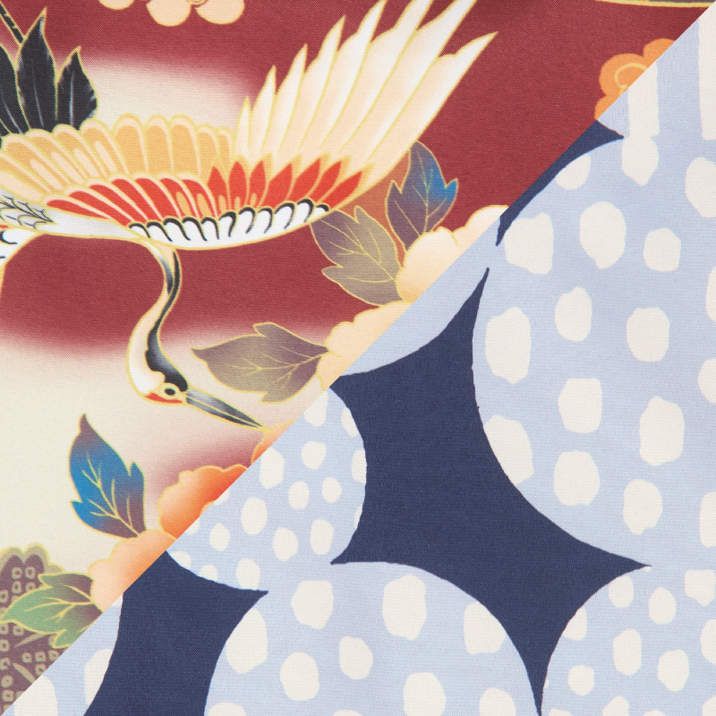 レディース綿入れ袢天 リバーシブル 鶴 エンジ