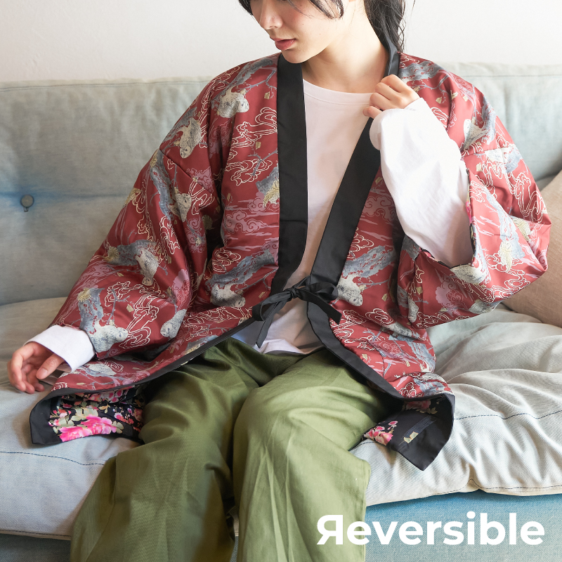 レディース綿入れ袢天 リバーシブル 牡丹 ブラック