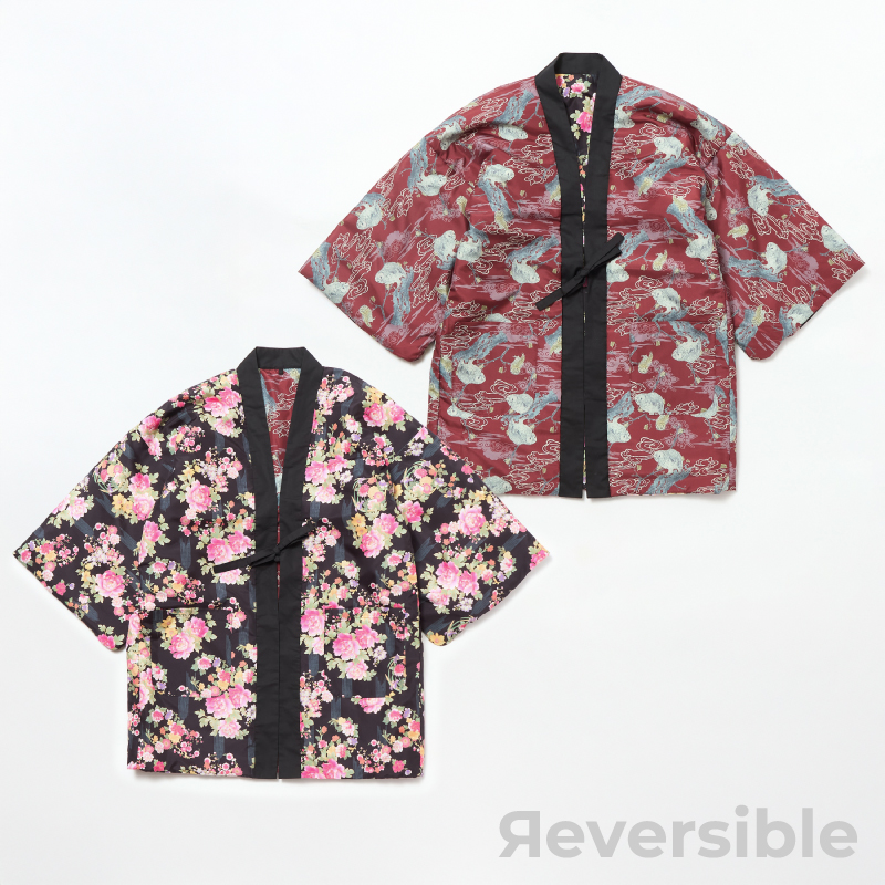 レディース綿入れ袢天 リバーシブル 牡丹 ブラック