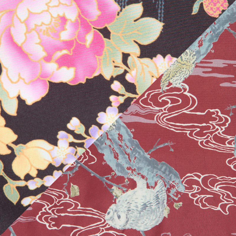 レディース綿入れ袢天 リバーシブル 牡丹 ブラック