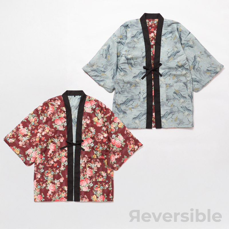 レディース綿入れ袢天 リバーシブル 牡丹 エンジ