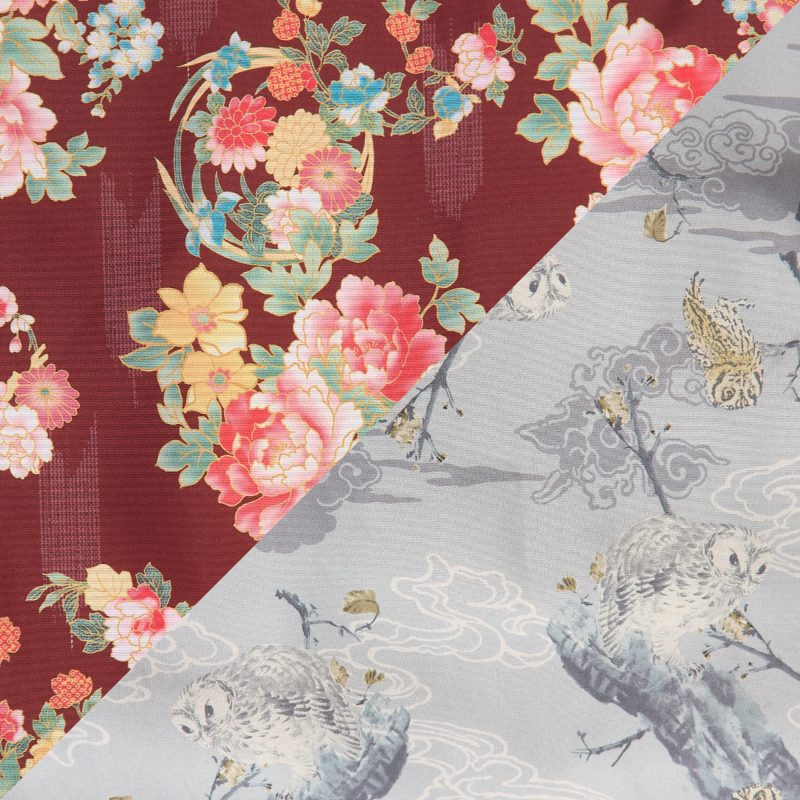 レディース綿入れ袢天 リバーシブル 牡丹 エンジ