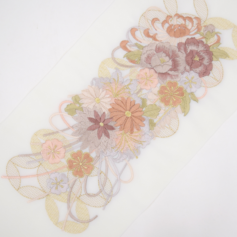 【在庫限り】シルエリー ポリ刺繍半衿 七宝に菊 オレンジ