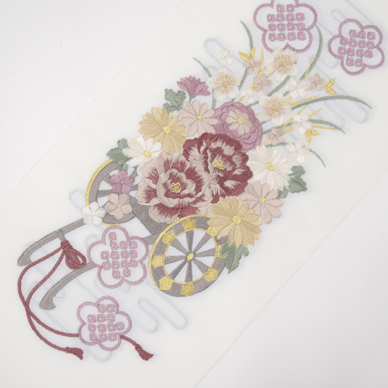 【在庫限り】シルエリー ポリ刺繍半衿 花車 ムラサキ