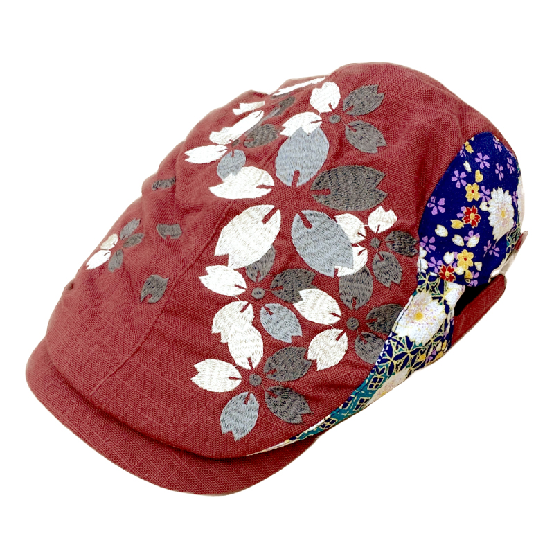 刺繍ハンチング 桜エンジ