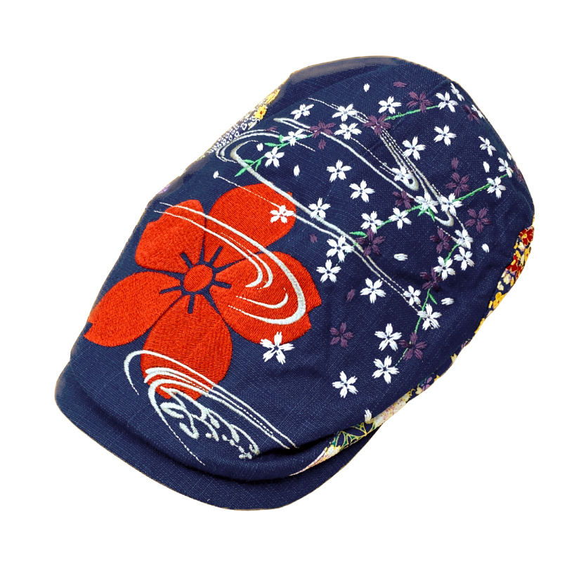 刺繍ハンチング 流水桜/紺