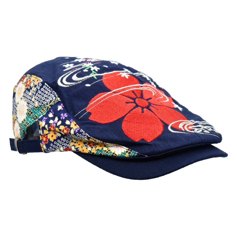 刺繍ハンチング 流水桜/紺