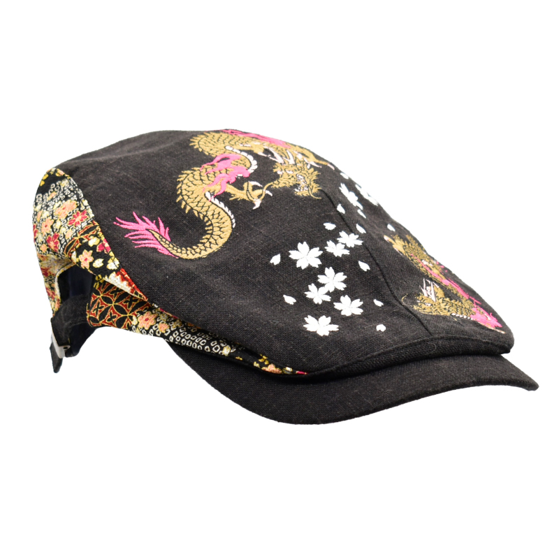 刺繍ハンチング 双龍/黒