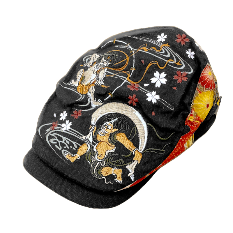 刺繍ハンチング 風神雷神/黒