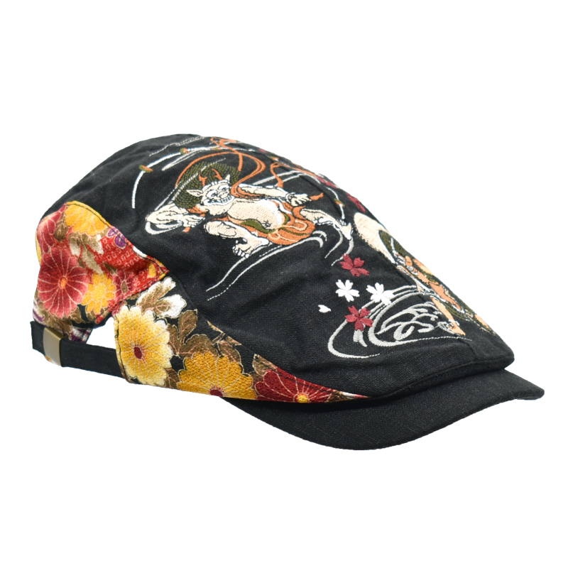 刺繍ハンチング 風神雷神/黒