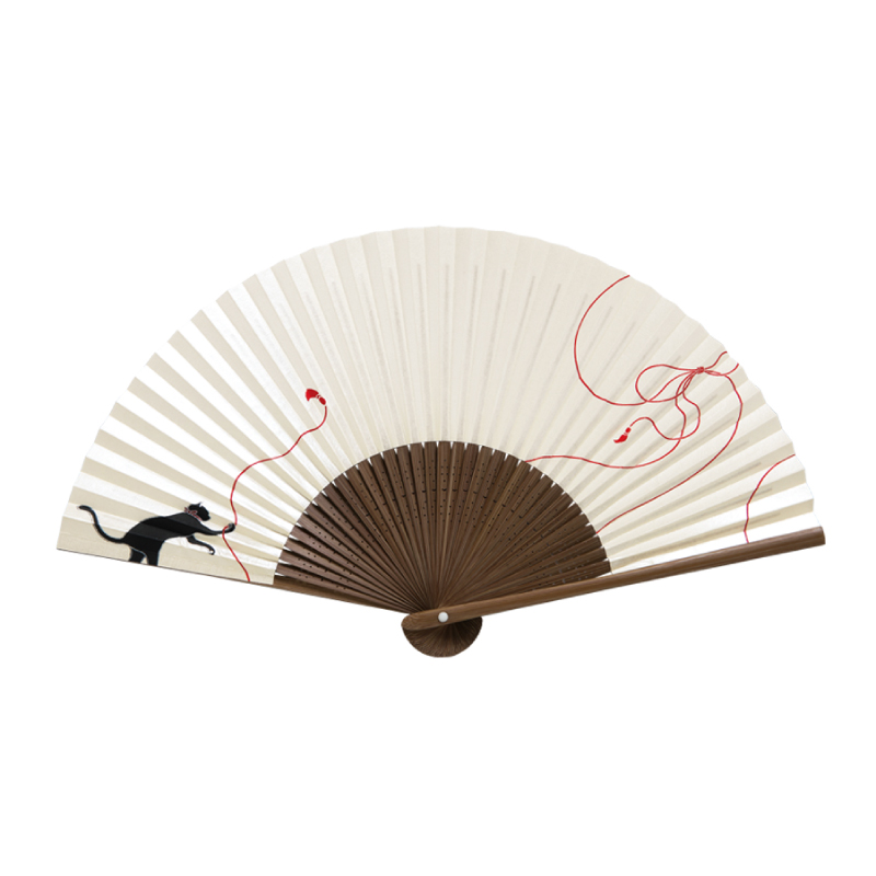 高級絵付扇子 <香り付> 婦人用 No.26-553 唐木中彫 パール地 猫