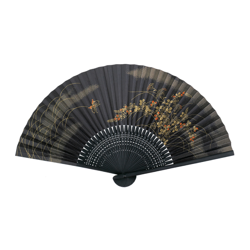 高級絵付扇子 <香り付> 婦人用 No.26-556 黒染中彫 黒地 萩に蝶