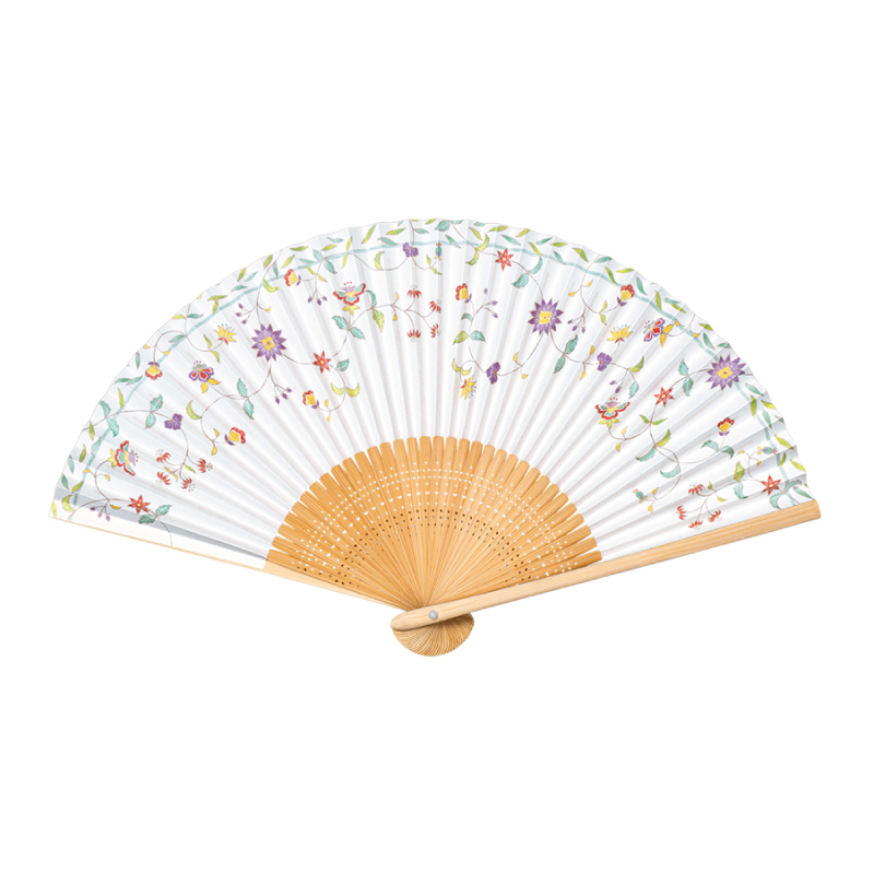 紙扇子 <香り付> 更紗模様 No.26-5740 白竹中彫 更紗 白花