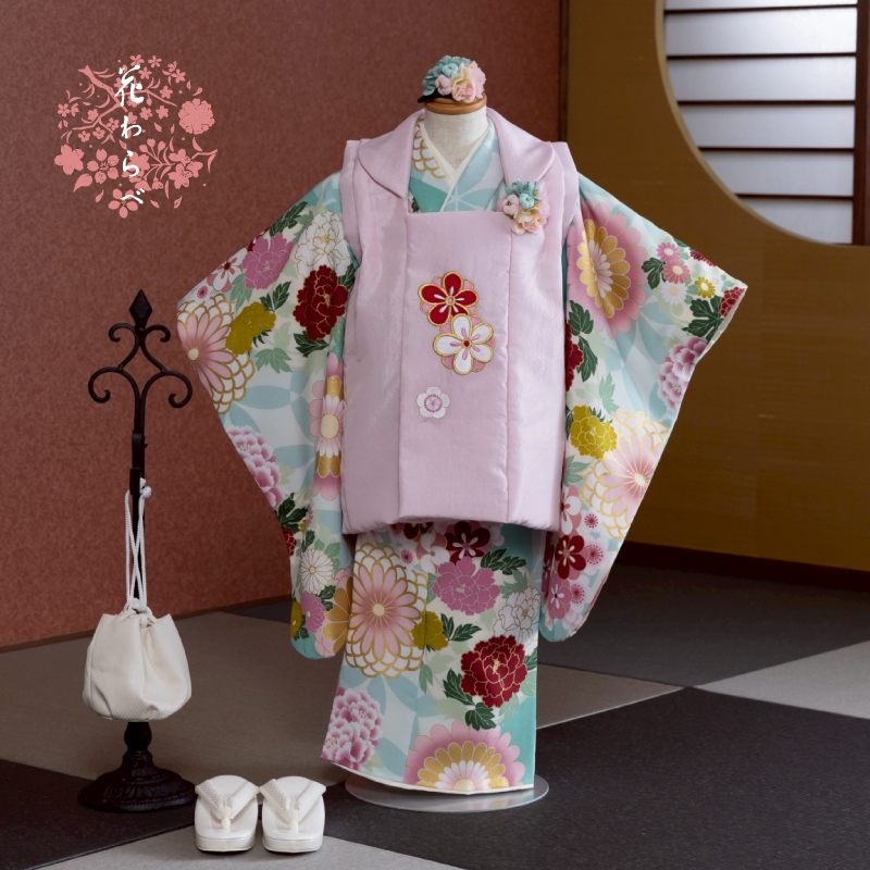  花わらべ 3才女児 被布セット WP-8 古典（ミント×ピンク）