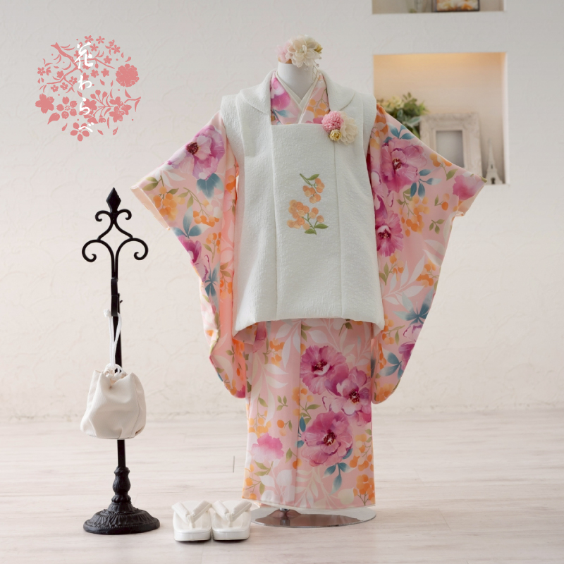  花わらべ 3才女児 被布セット WP-9 カラフル（ピンク×オフ白）