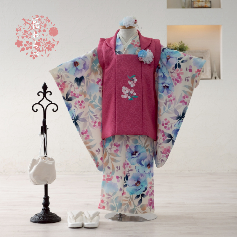  花わらべ 3才女児 被布セット WP-10 カラフル（オフ白×濃ピンク）