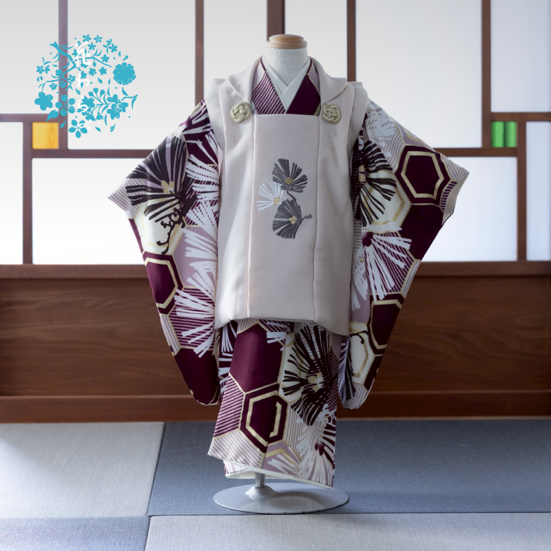  花わらべ 3才男児 被布セット WP-11 亀甲松（エンジ×ベージュ）