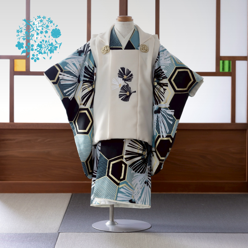  花わらべ 3才男児 被布セット WP-12 亀甲松（グリーン×オフ白）