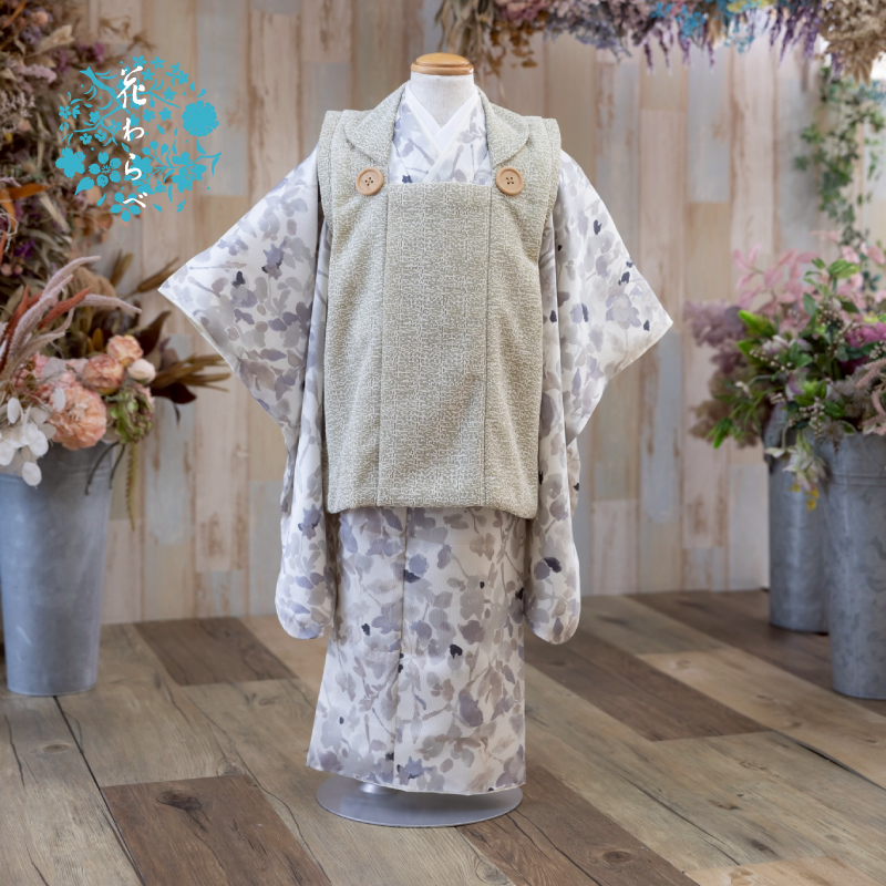  花わらべ 3才男児 被布セット DP-A ボカシ花（グレー×濃グリーン）