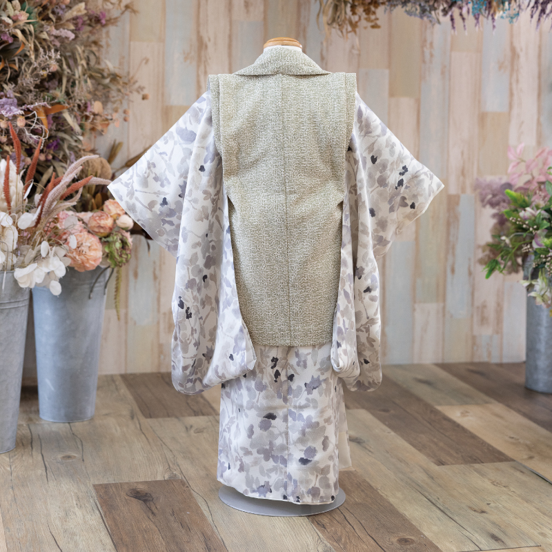  花わらべ 3才男児 被布セット DP-A ボカシ花（グレー×濃グリーン）