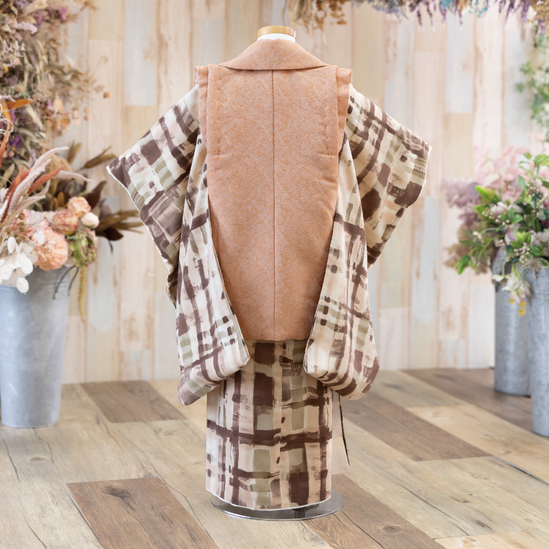  花わらべ 3才男児 被布セット DP-B 格子（茶×オレンジ）