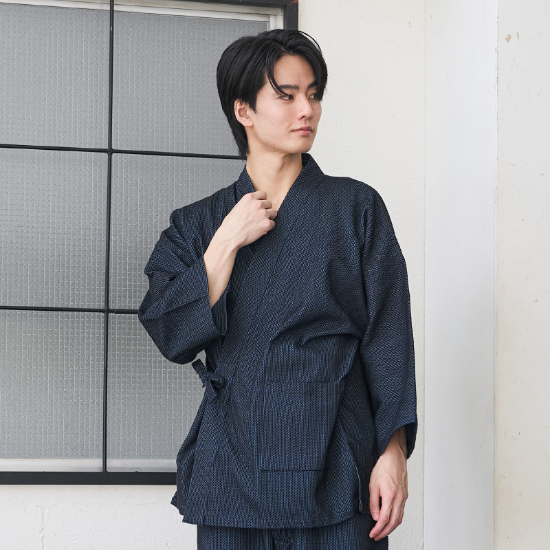 紳士作務衣 厚地刺し子織り 紺