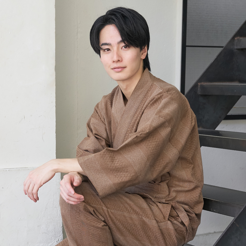 紳士作務衣 三子撚り杢ドビー刺し子 茶