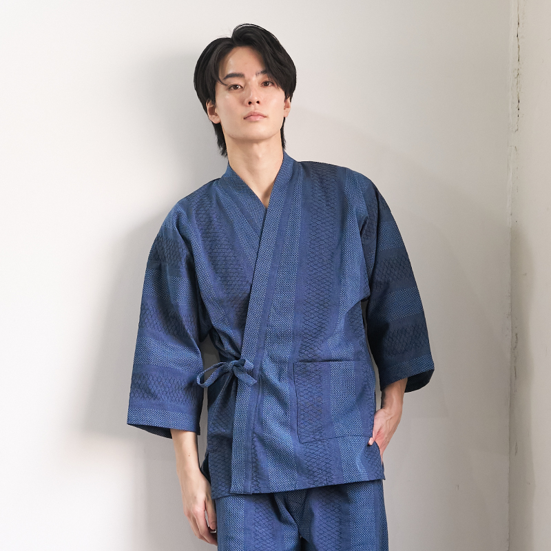紳士作務衣 三子撚り杢ドビー刺し子 紺
