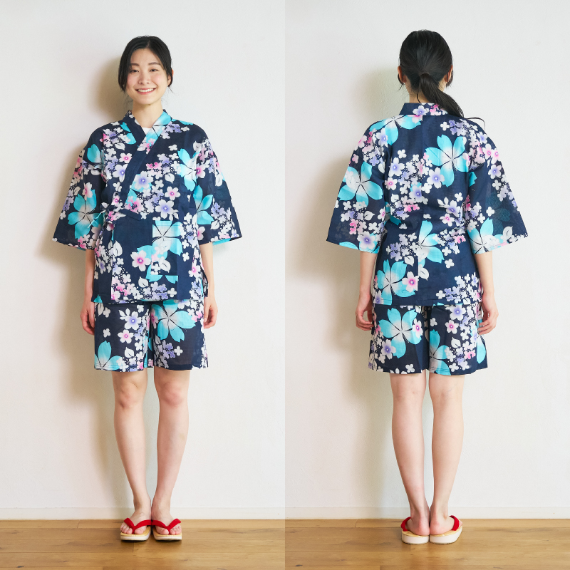 レディース甚平 変わり生地 紺地桜