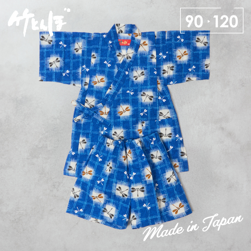 竹とんぼ 子供甚平 リップル 格子とんぼ 紺