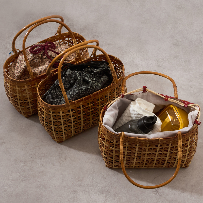 竹かごバッグ 巾着付き