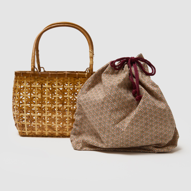 竹かごバッグ 巾着付き