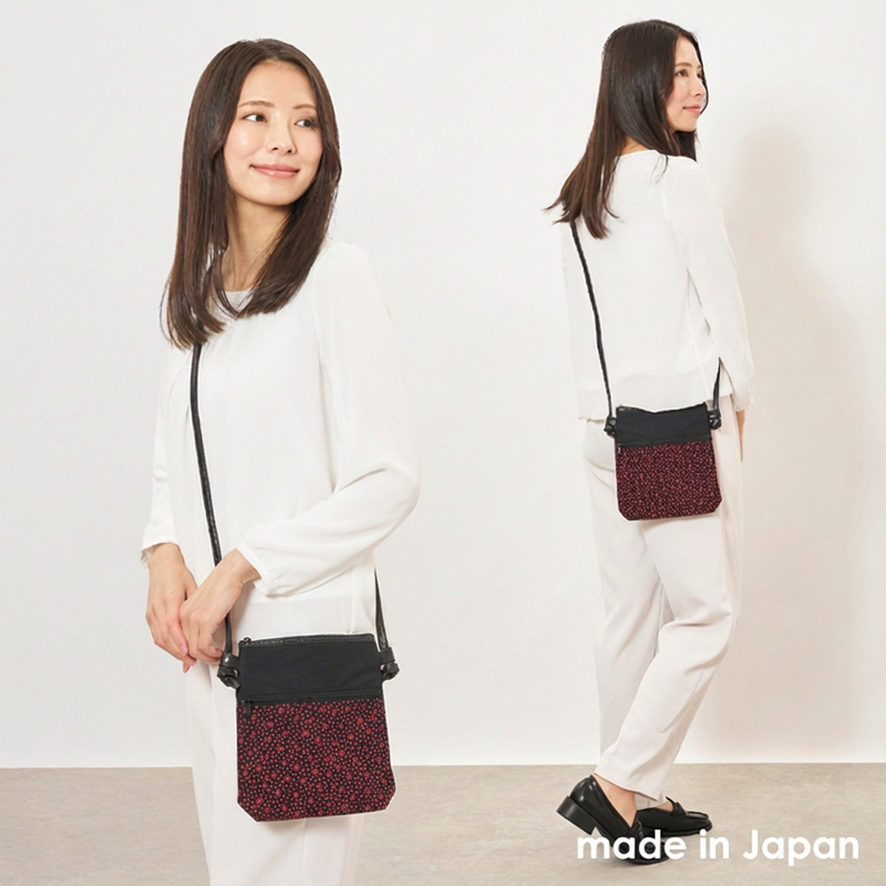 印伝調 2ファスナーポシェット マチ付き 赤