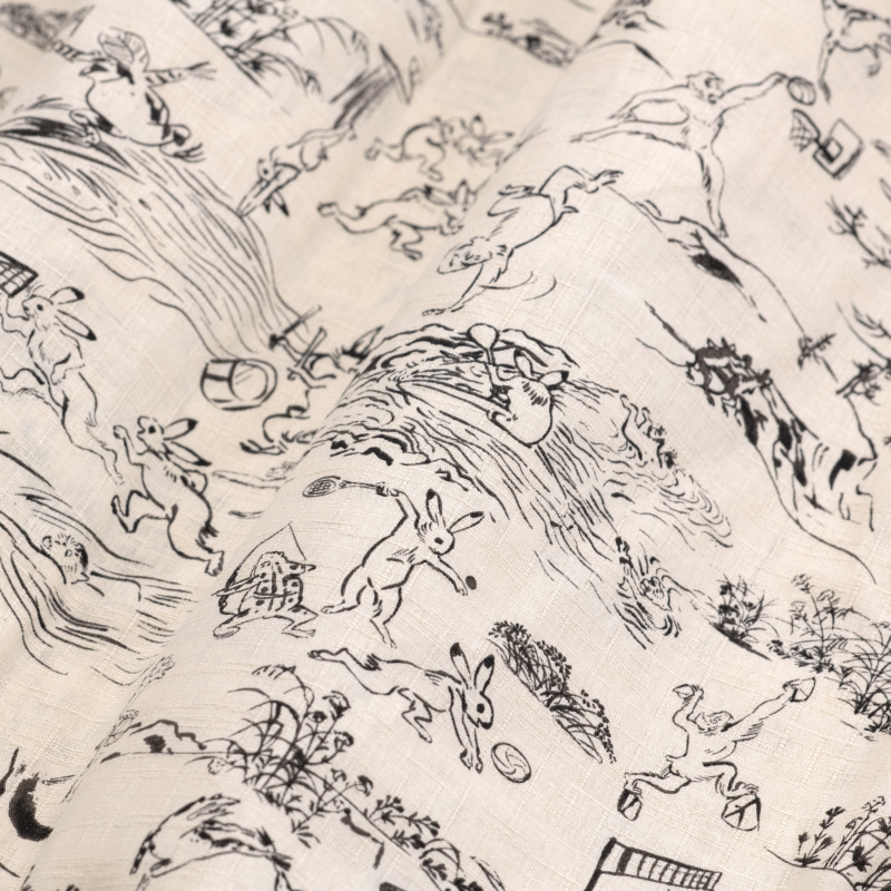 鯉口シャツ 鳥獣戯画 ベージュ×黒