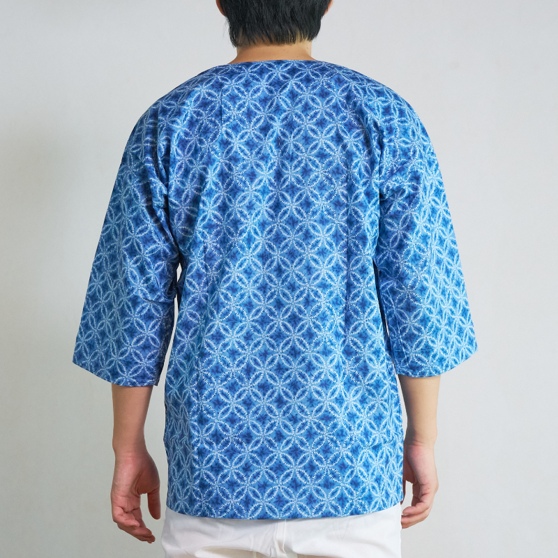 鯉口シャツ 絞り風 七宝 薄藍