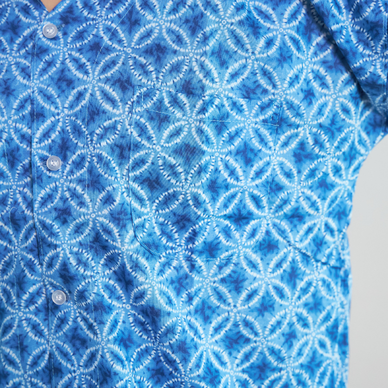 鯉口シャツ 絞り風 七宝 薄藍