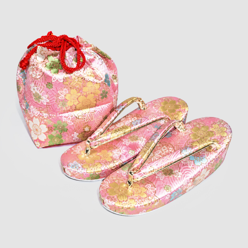 草履・巾着2点セット 総柄 No.930 ピンク