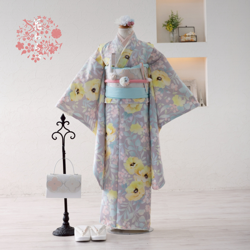  花わらべ 7才女児 着物 WP-3 カラフル（グレー）